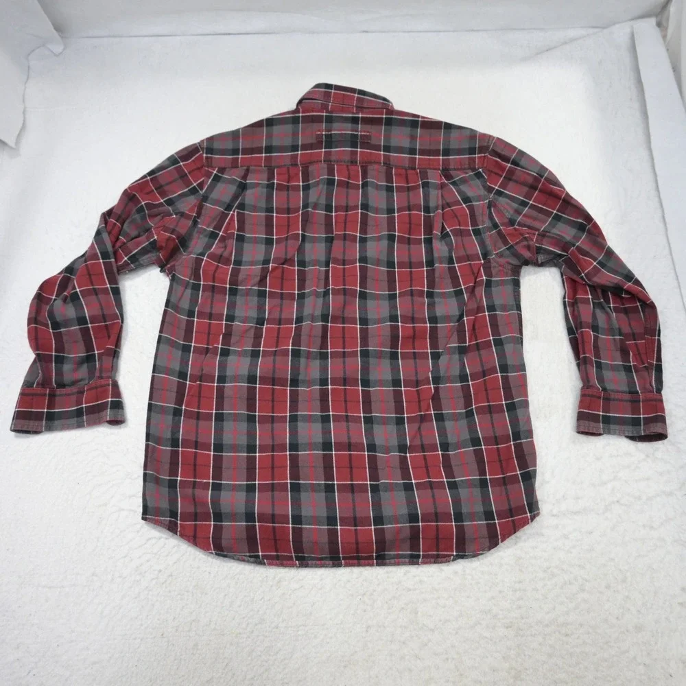 Duluth Trading Co Button Up Shirt Mens M Red Gray Plaid Flannel Long Sleeve